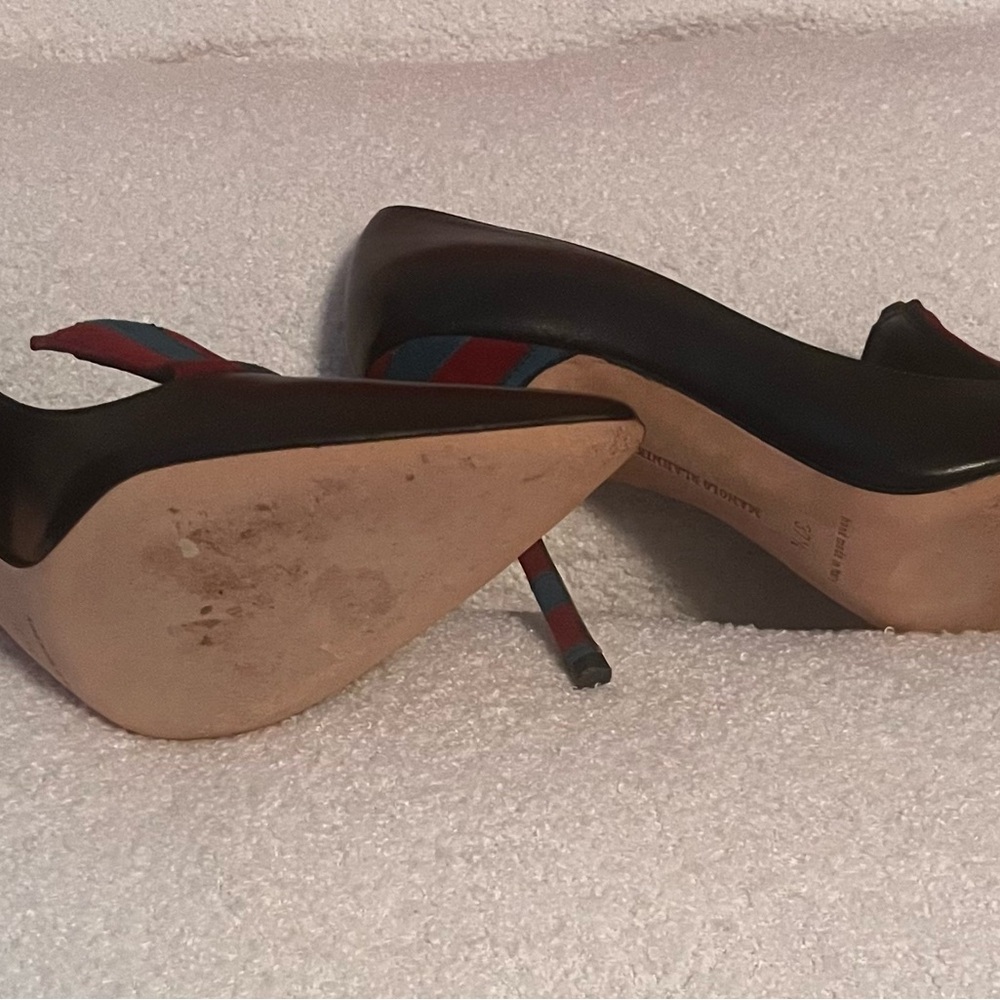 Manolo Blahnik Black Heels with Red and Blue Stripes - Picture 10 of 15